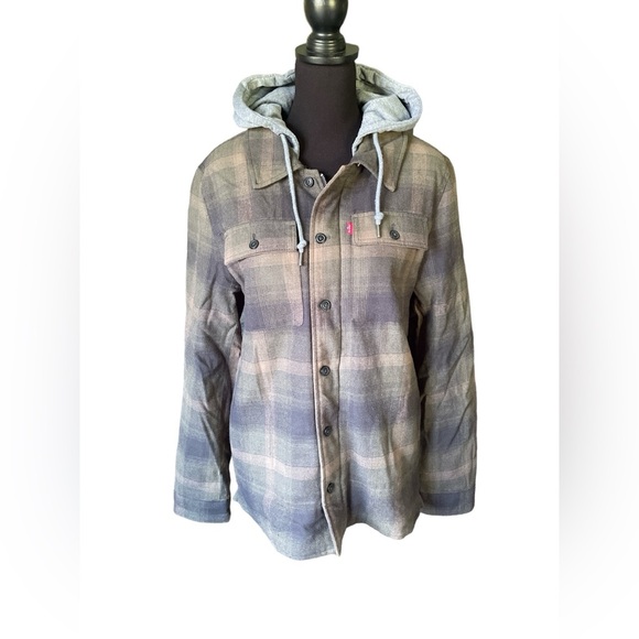 Levis Cotton Plaid Sherpa Lined Hoodie Jacket in Green Ombré, Size Small - Picture 5 of 14